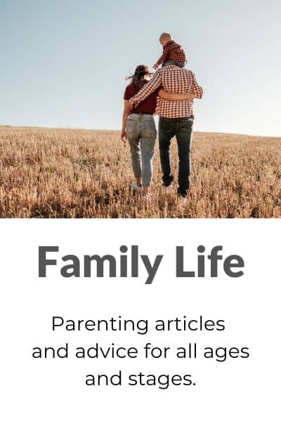 Image of family walking through a field with link to parenting category on this site.