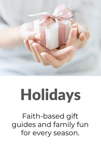 Image of woman holding gift box, with link to Holidays category on this site.