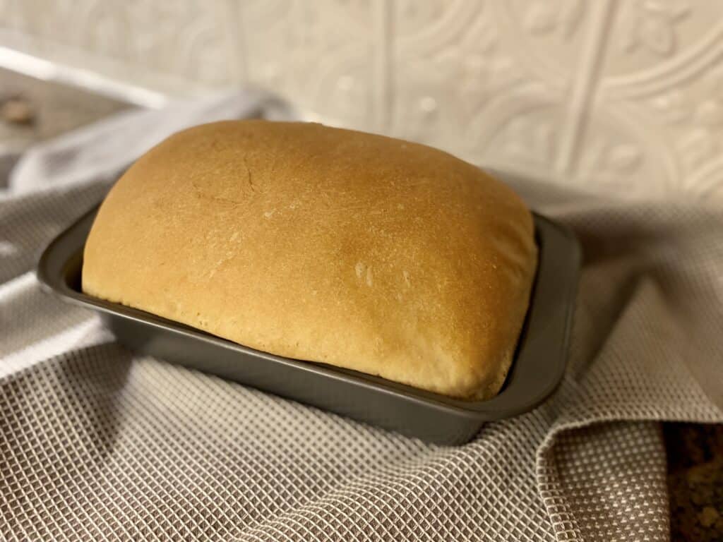 Easy Homemade bread recipe: Image of loaf of bread cooling in pan, with link below to article.