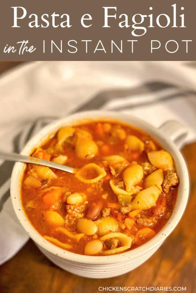 Image of bowl of Pasta e Fagioli made in Instant Pot, on a wooden table with a white kitchen towel in background, with text overlay "Pasta e Fagioli in the Instant Pot"