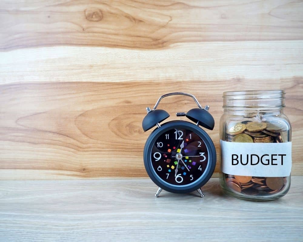 A Clock sitting beside a jar of change labeled "budget"- concept of balancing time and saving money in the kitchen.