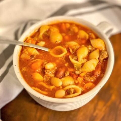 Bowl of pasta e fagioli made in Instant Pot