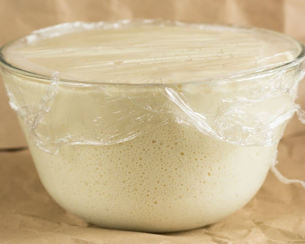 Bread dough -first rise in a bowl covered in plastic wrap.