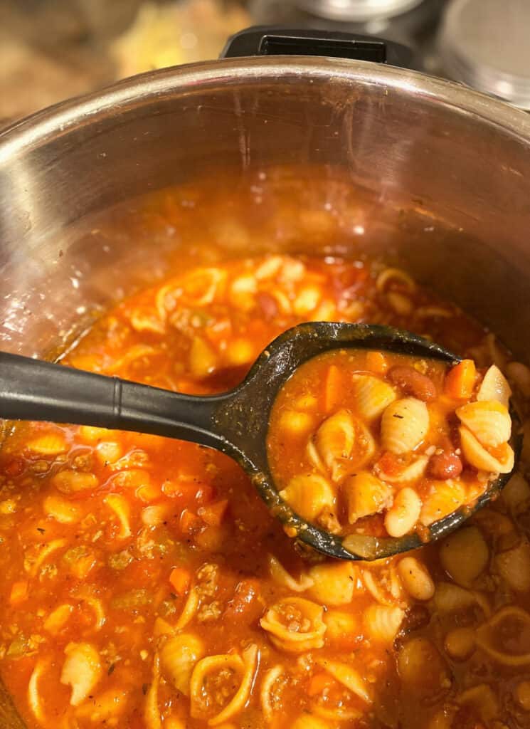 Image of pasta e fagioli soup in progress, before pressure cooking.