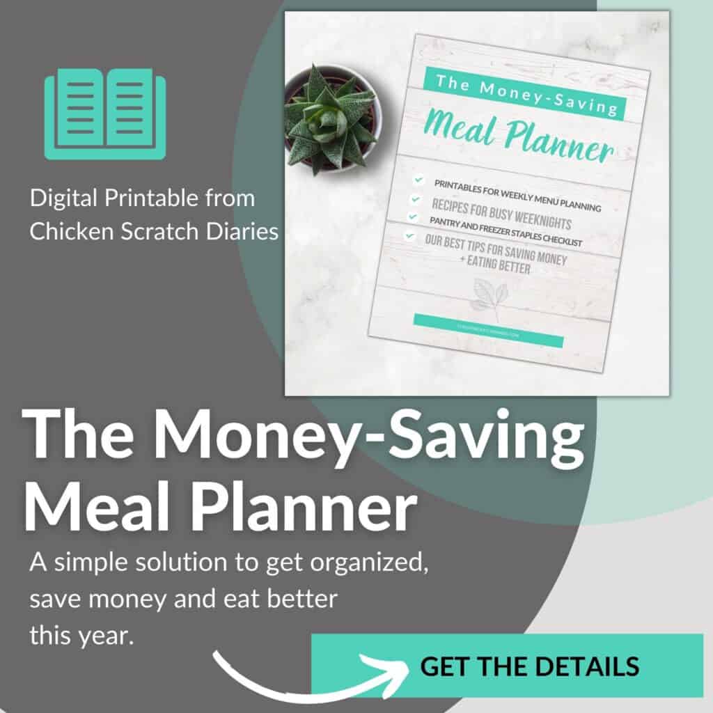 Graphic design image with a preview of the Money Saving Meal Planner with text "A simple solution to get organized, save money and eat better this year". L