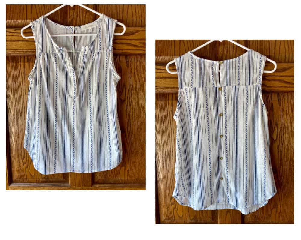 Image of a sleeveless blue and white patterned blouse hanging against a wooden door, alongside a picture of the back of the blouse. Concept of taking thorough pictures of items to sell on Facebook marketplace.