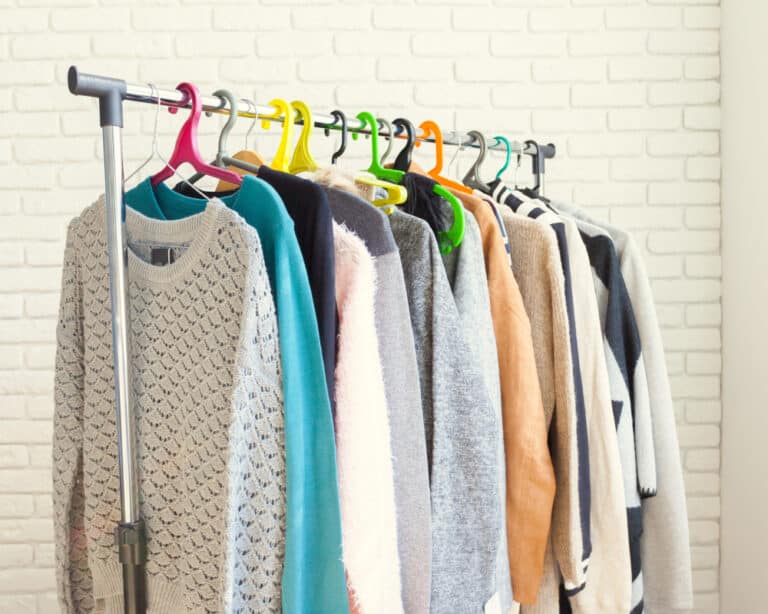 Clothing rack with used sweaters