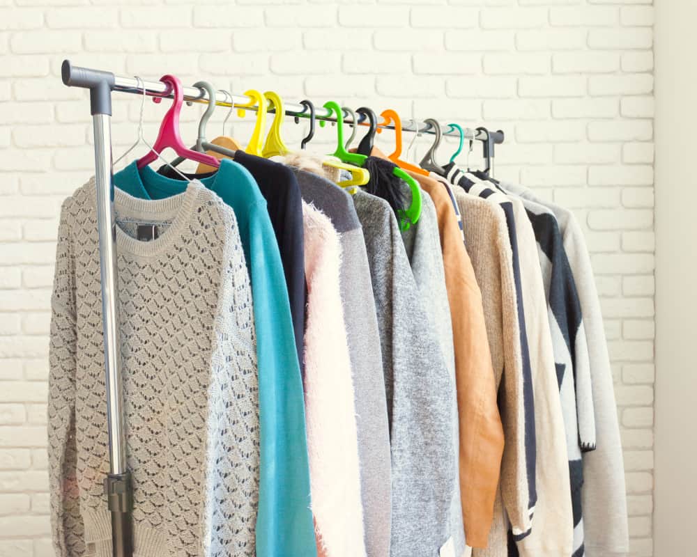 Clothing rack with used sweaters