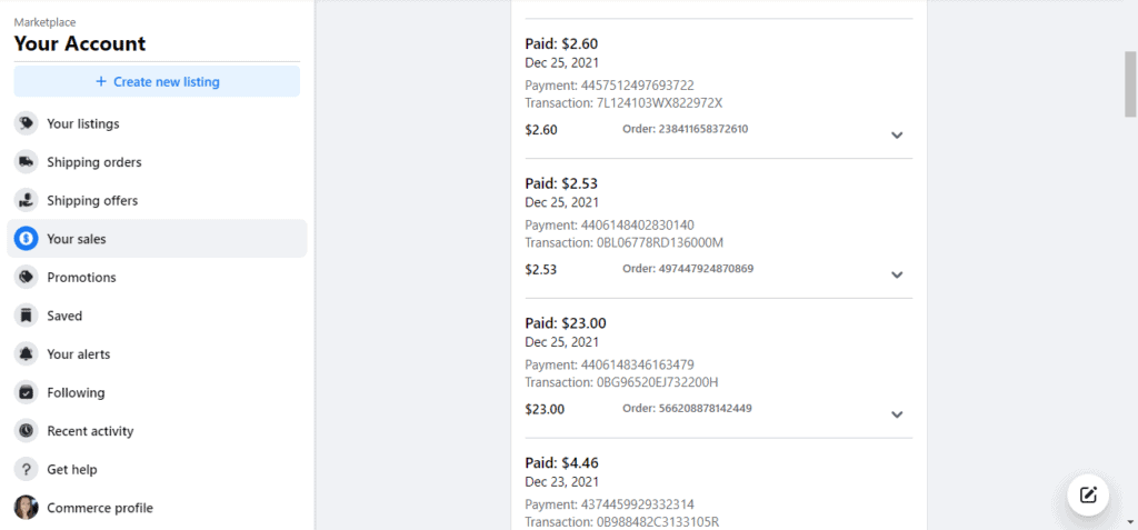 Image of screenshot from sales summary within Facebook marketplace account, showing four transactions paid.
