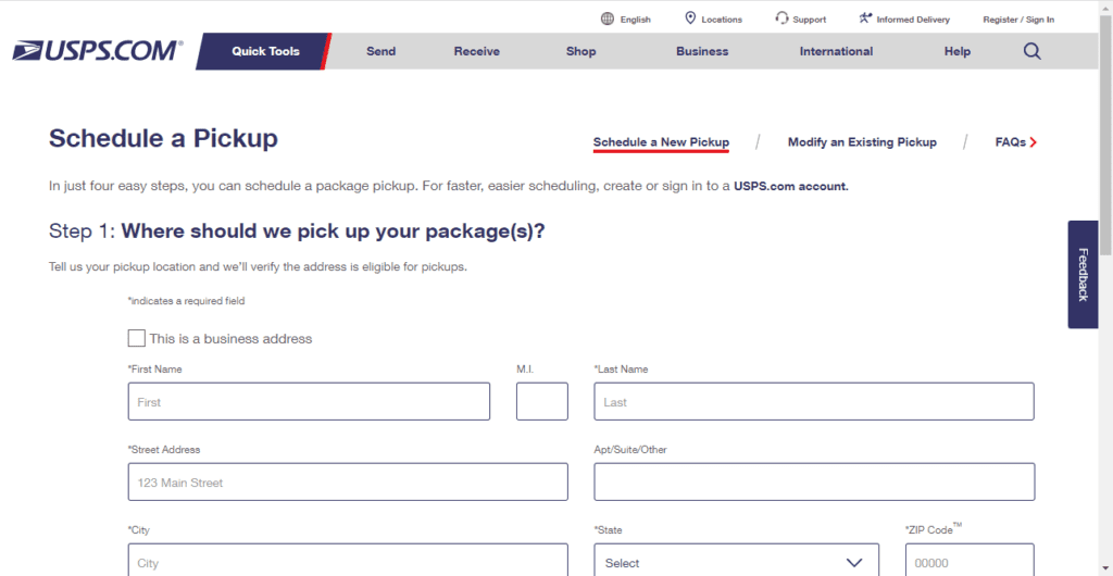 Image of screenshot of usps.com website displaying how to schedule a package pickup.