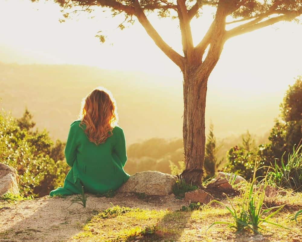 Image of woman sitting outside under a tree with her back to the camera. Concept of meditating on Scripture and asking God for guidance in setting spiritual goals.