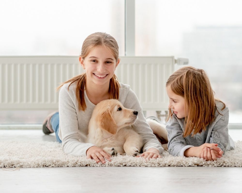 Two sisters taking care of their dog at home.