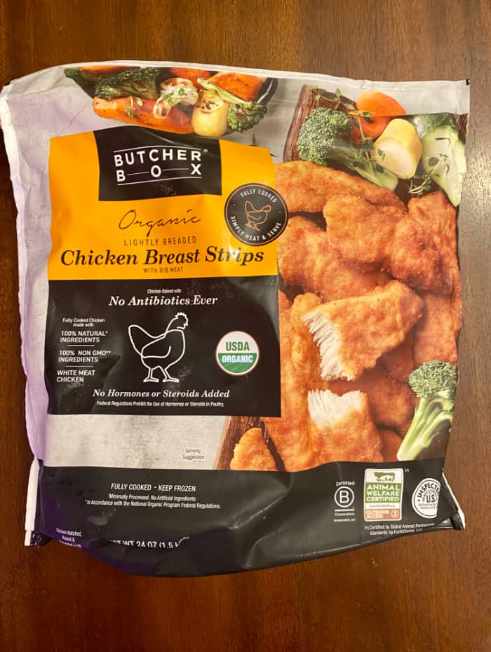 Image of Butcherbox Lightly Breaded Chicken Strips package.