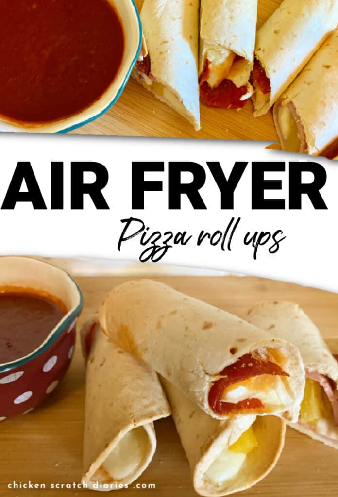Image of crispy air fryer pizza rolls made with tortillas, on a cutting board, with text overlay "Air fryer pizza roll ups"