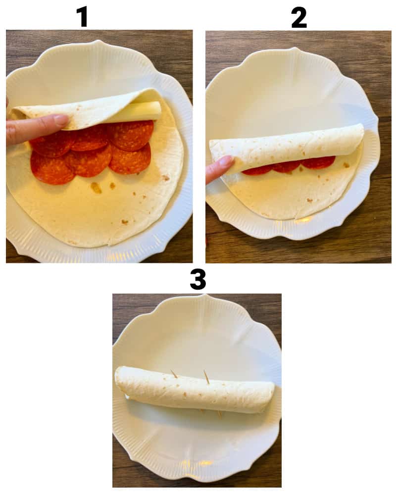 Step by step photos of placing toppings inside tortilla, then rolling from top to bottom.