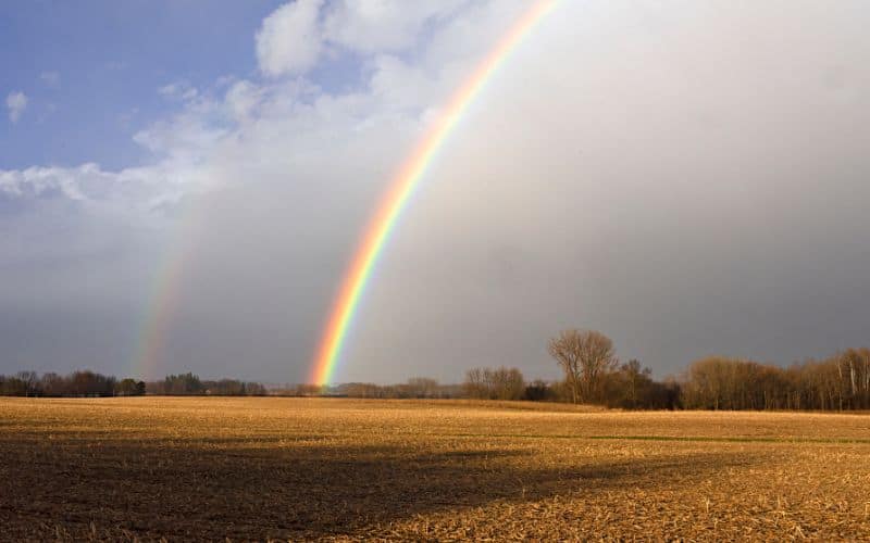Image of a rainbow after a storm on a rural landscape; concept of hope.