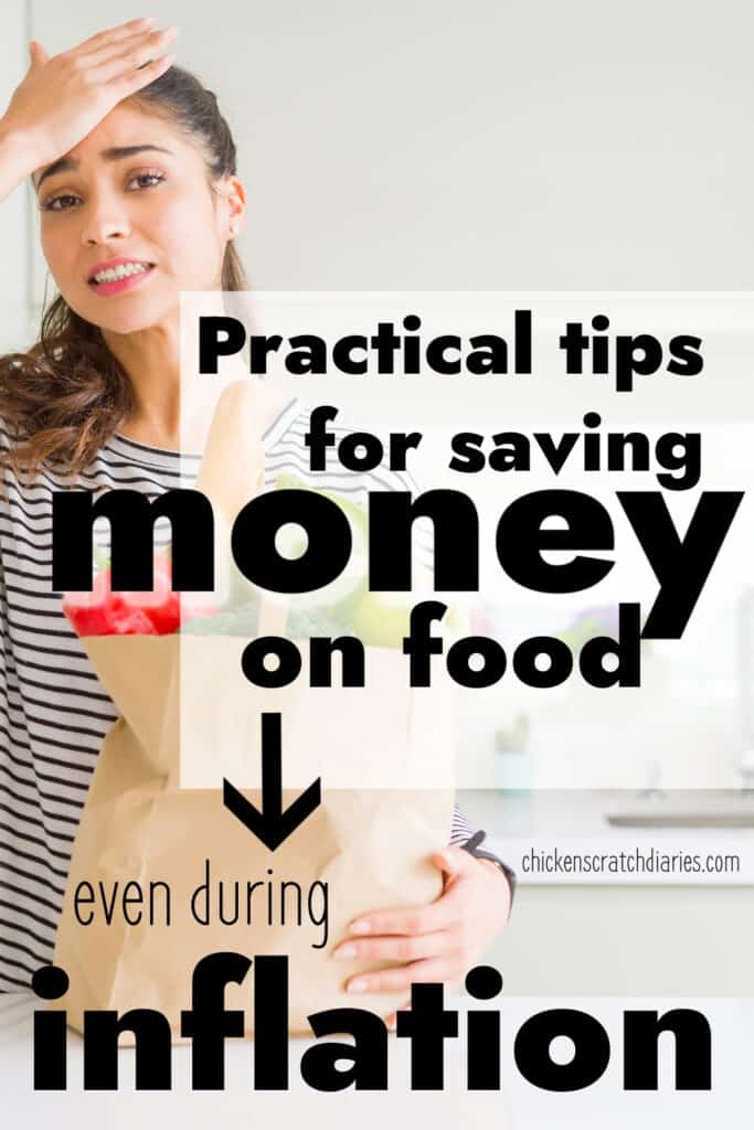 Woman holding a grocery bag with her hand up to her head, cringing - with text overlay "Practical tips for saving money on groceries- even during inflation".