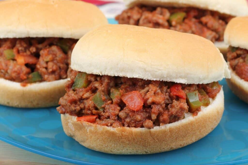 Homemade sloppy joe sandwiches with fresh bell peppers and tomato sauce.