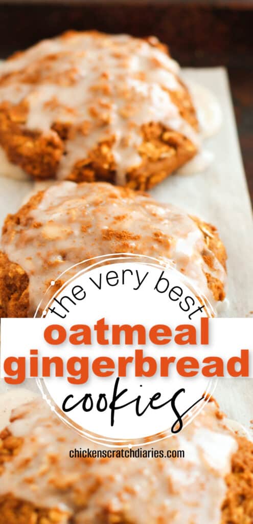 vertical image of iced gingerbread cookies on a cookie sheet with text "the very best oatmeal gingerbread cookies"