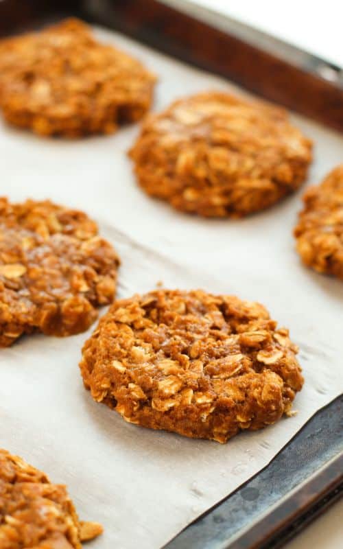 Baked oatmeal gingerbread cookies on a white parchment sheet on a well-seasoned cookie sheet.