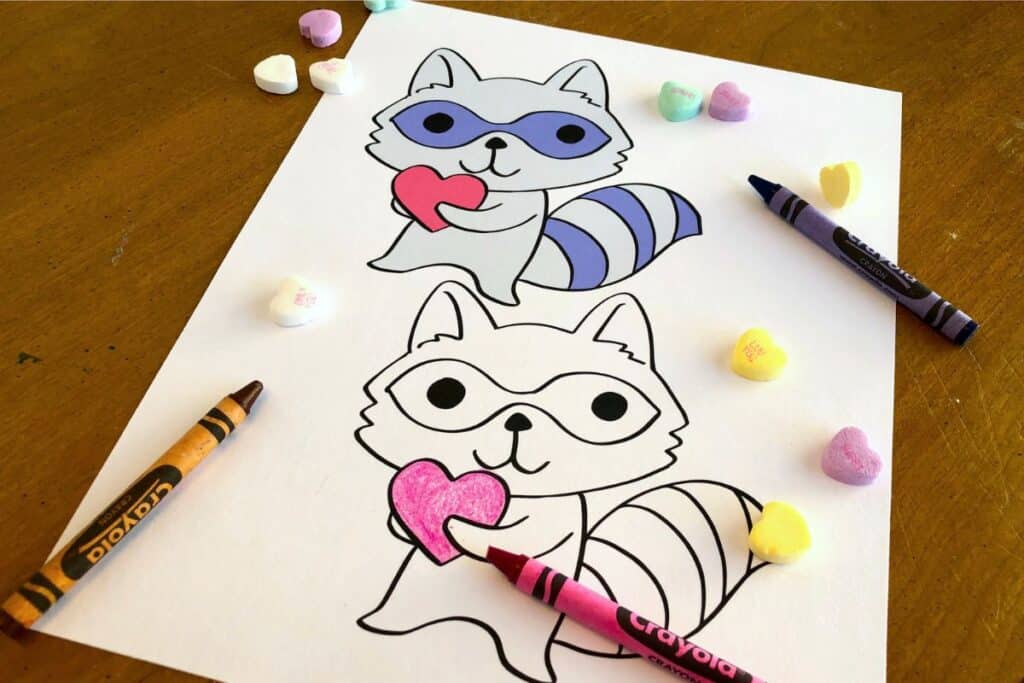 A colored-in Racoon and a black-and-white racoon on a piece of cardstock with crayons and candy hearts on the table nearby.