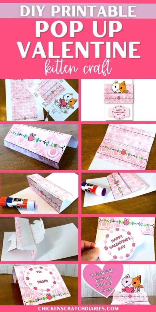 vertical graphic with text: DIY Printable Pop Up Valentine kitten craft - with step by step images of craft shown below.