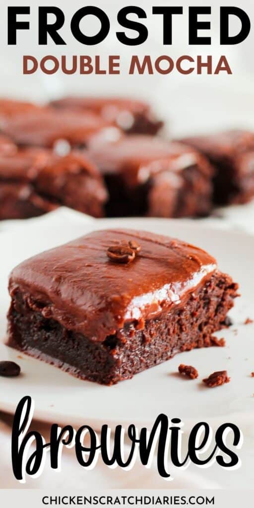 Vertical image of a frosted mocha brownie on a white plate with text overlay "Frosted double mocha brownies"