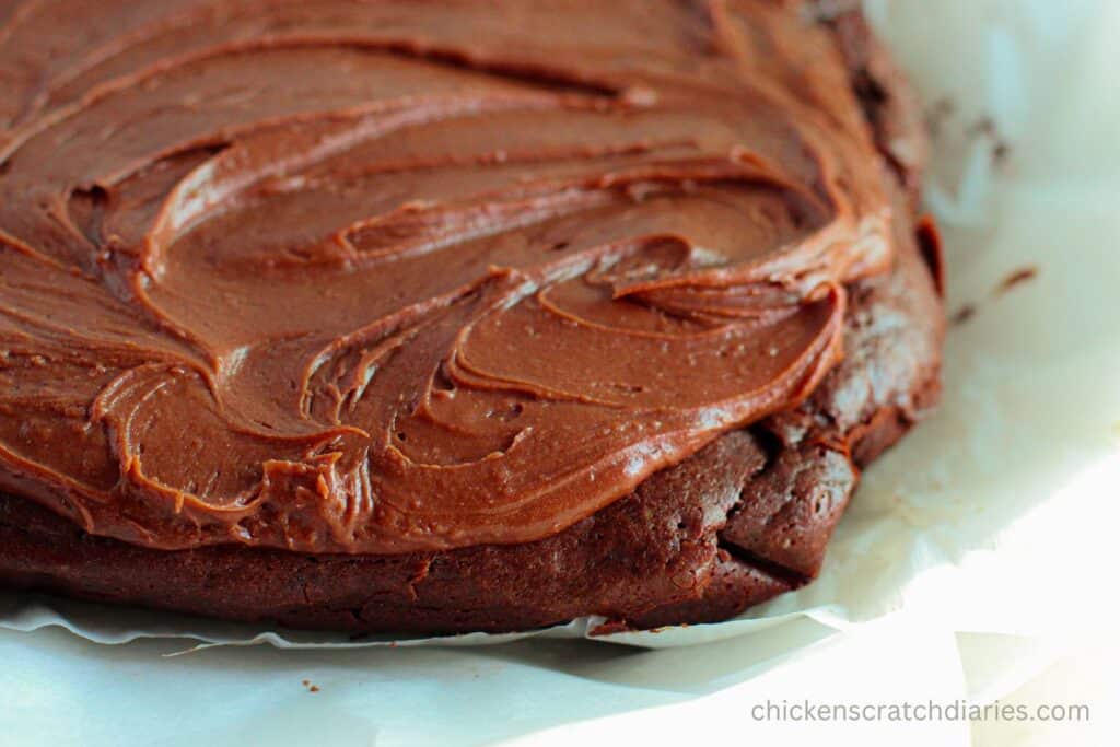 Frosted brownies prior to cutting.