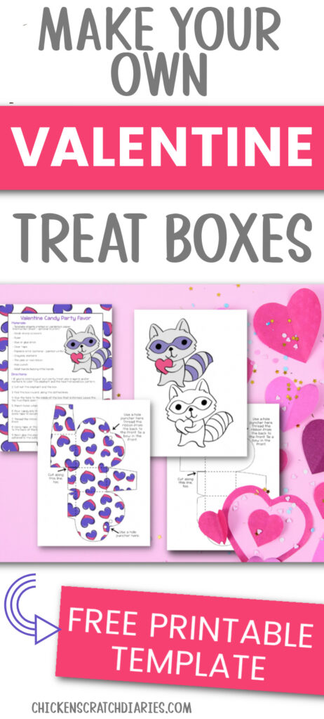 Vertical graphic with text- Make your own Valentine treat boxes with free printable template - with image of craft templates.