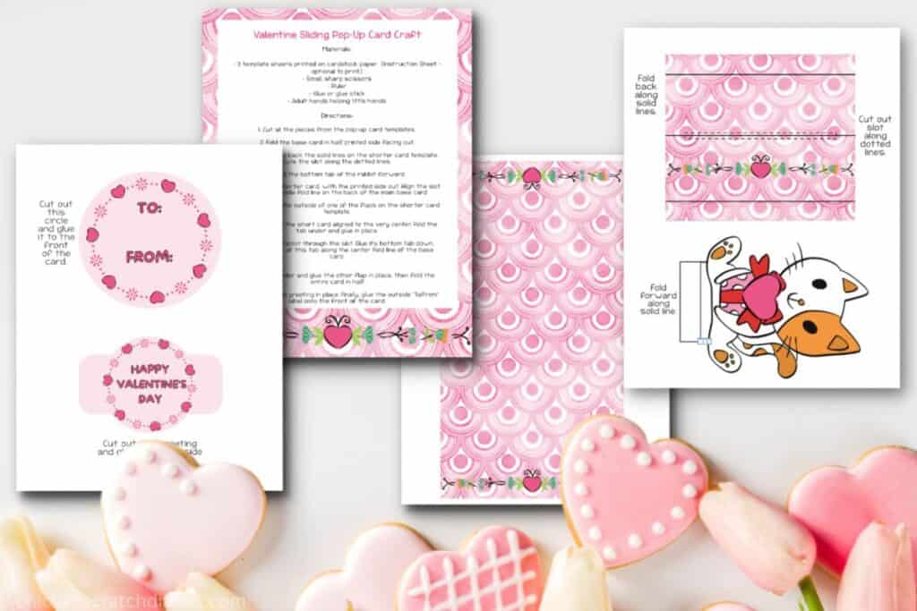 Photo of the card templates on a grey background, with a valentine cookie border on the bottom.