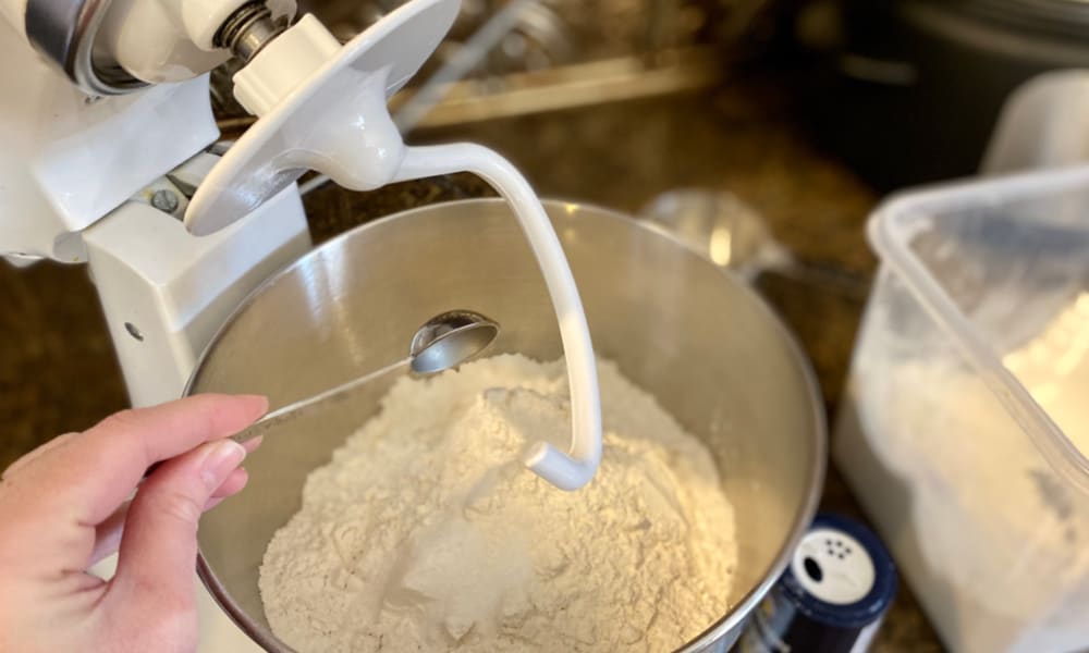 Mixing dry ingredients in stand mixer.