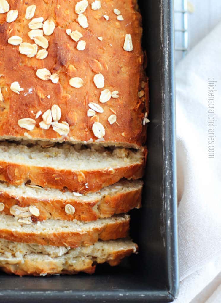 Baked quick oat bread in a loaf pan- close up view.