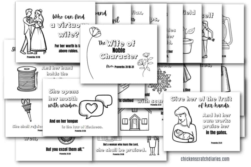 23 page printable pack- collage image of Proverbs 31 coloring pages available to download by clicking on the image.