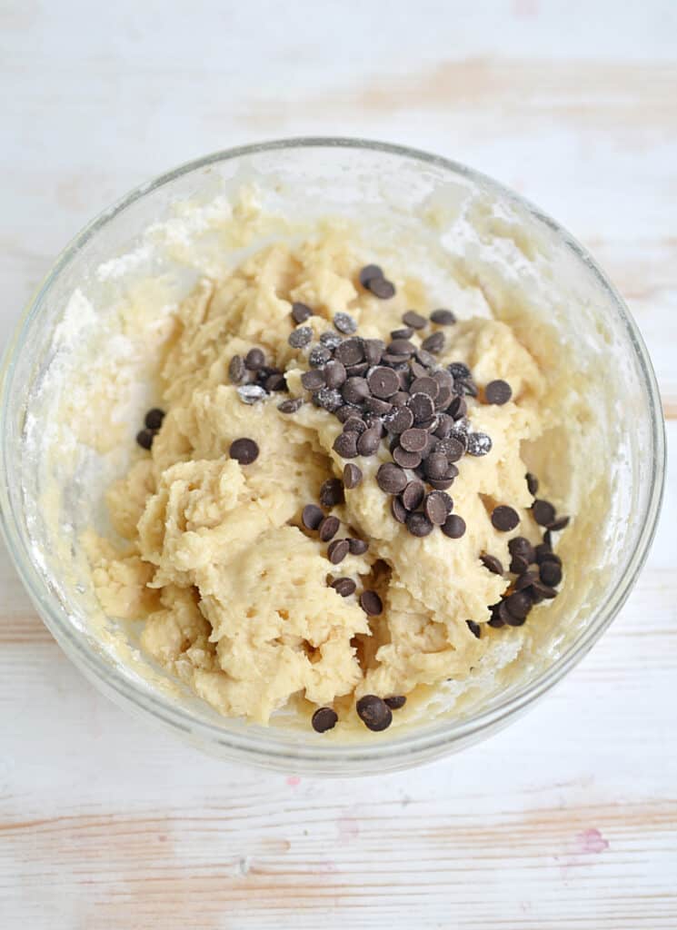 Cookie dough mixture in a glass bowl.