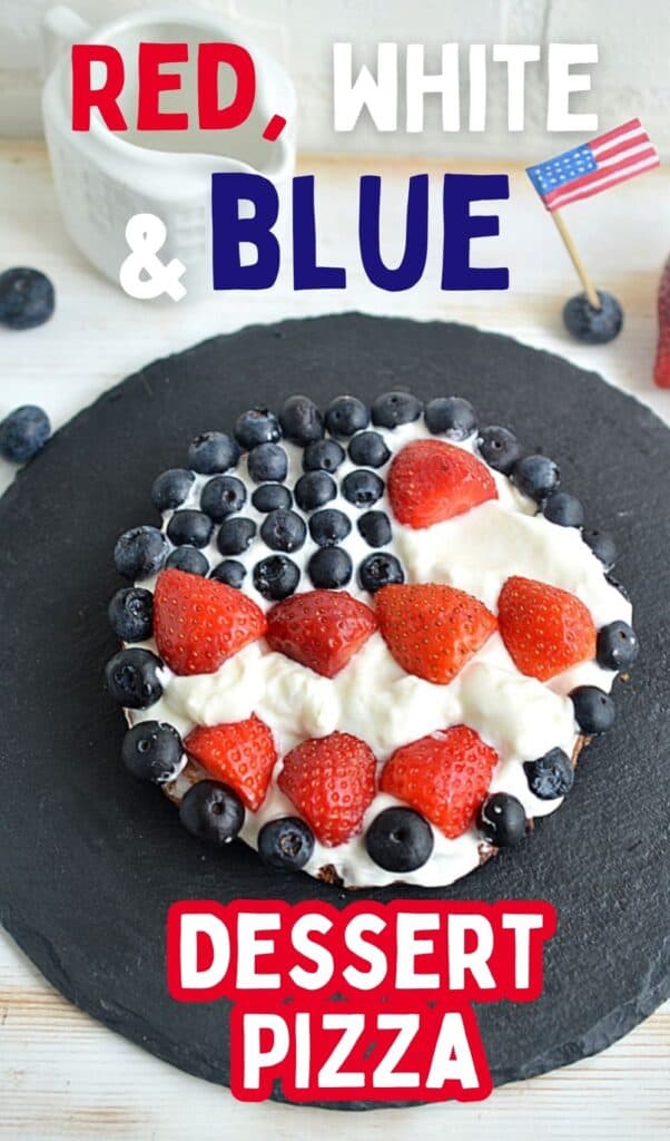 Vertical graphic with finished cookie pizza dessert with fresh berries on top.