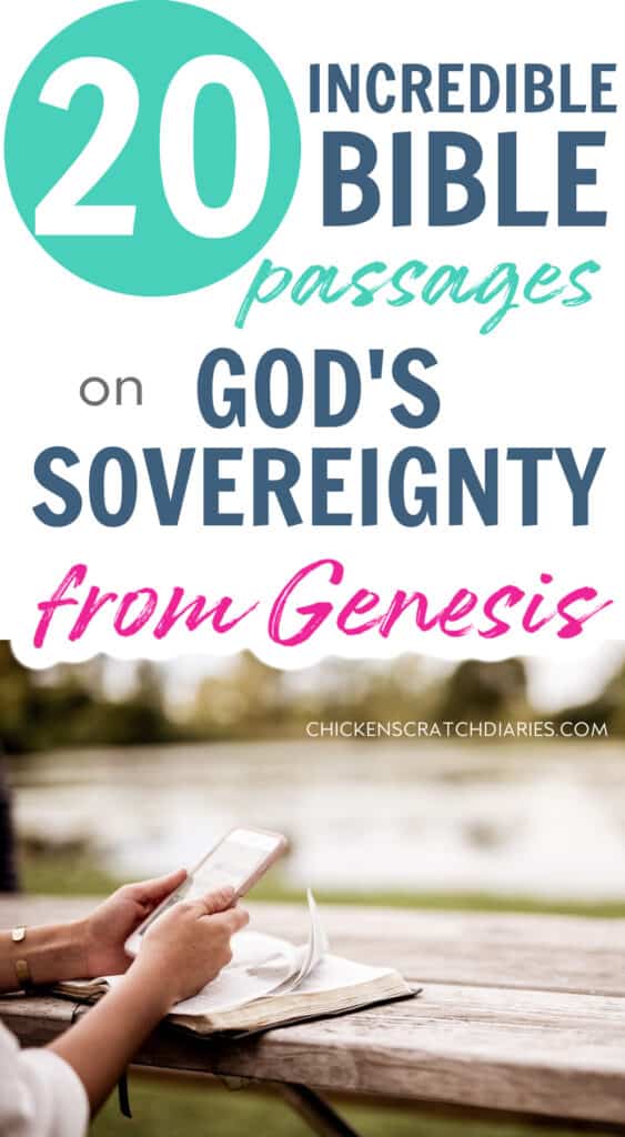 Vertical graphic with image of woman doing Bible study and text "20 Incredible Bible passages on God's Sovereignty from Genesis"