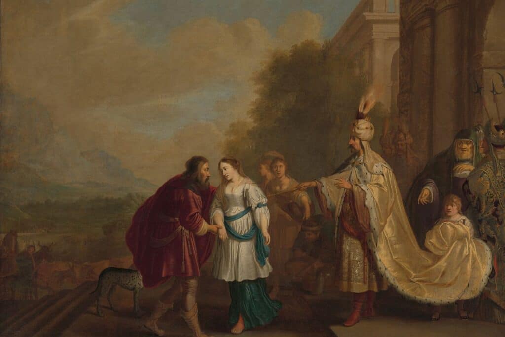 Oil canvas painting of Pharaoah returning Sarah to Abraham 