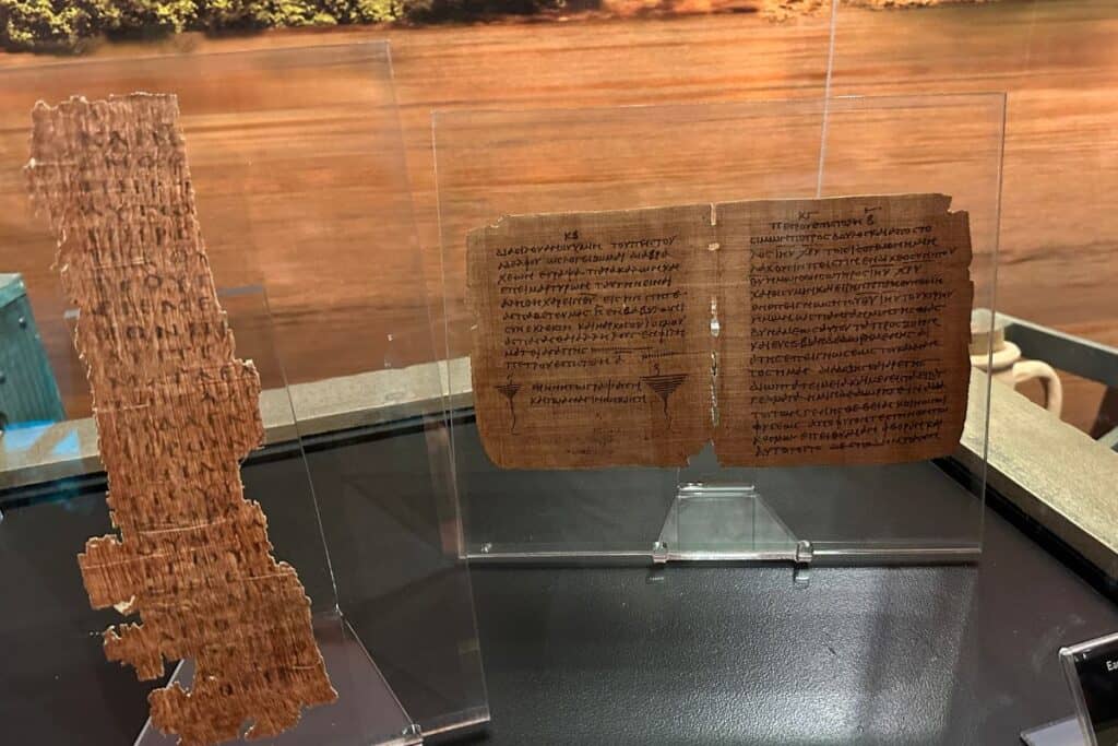 Ancient manuscript display.