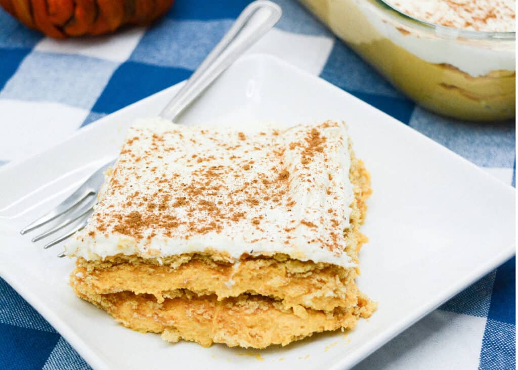 Slice of pumpkin spice icebox cake