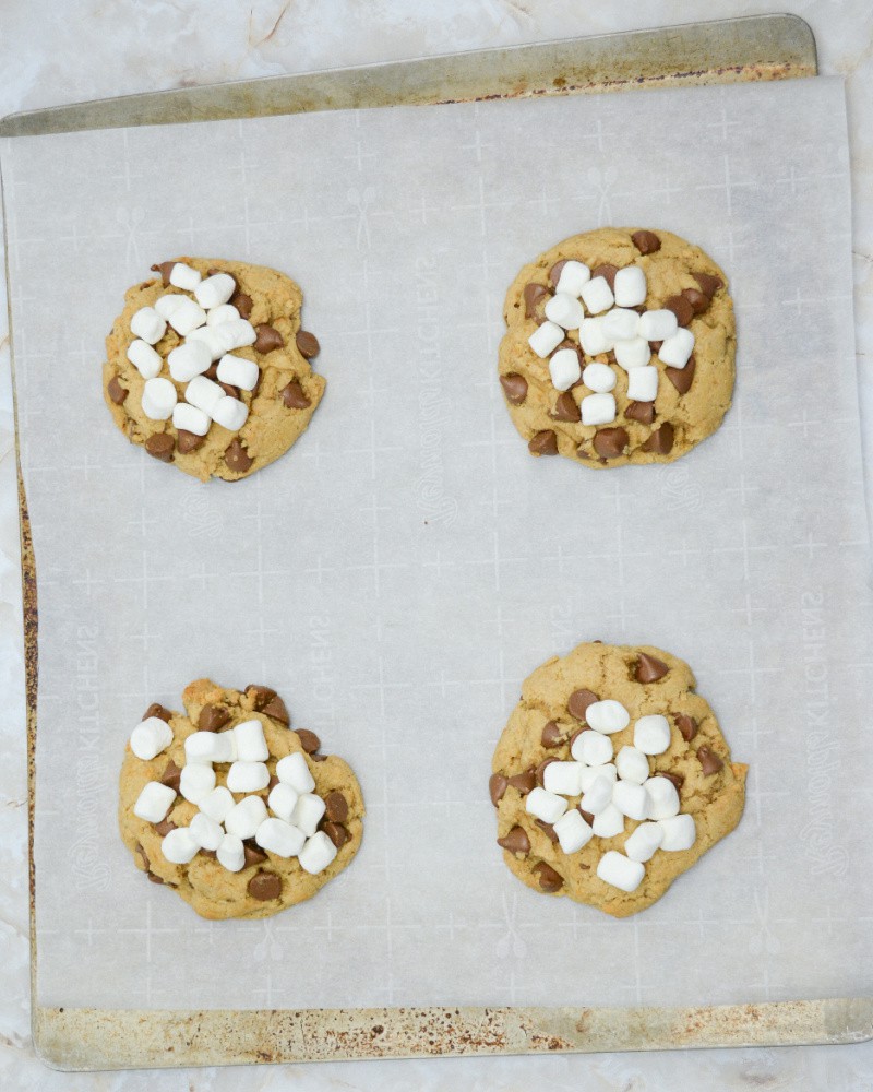 S'mores cookies with marshmallows, ready to be toasted under broiler.