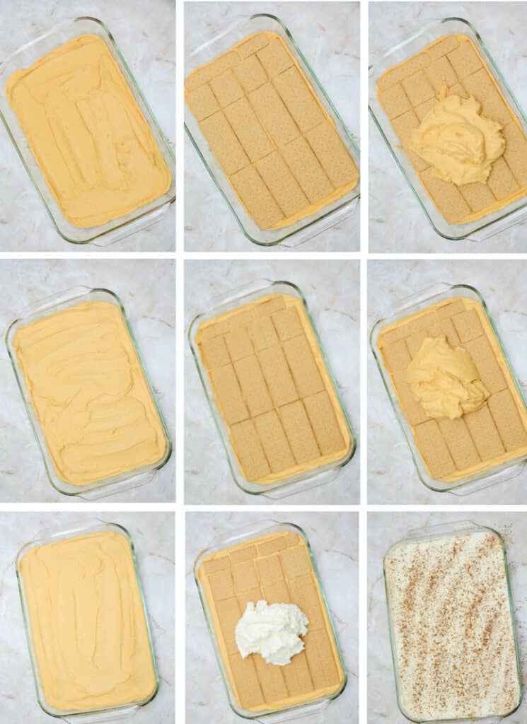 Grid of 9 step by step images- how to layer no bake pumpkin icebox cake in a 9x13 pan.