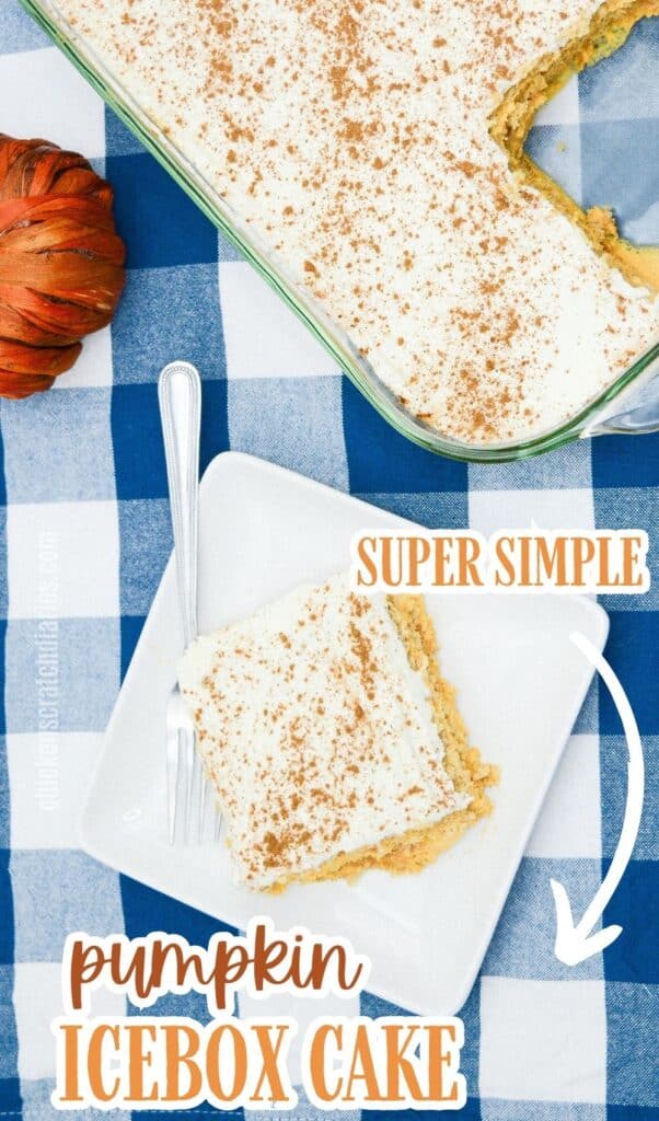 Slice of pumpkin icebox cake on white plate, on a blue and white checkered tablecloth with baking pan of cake in background.