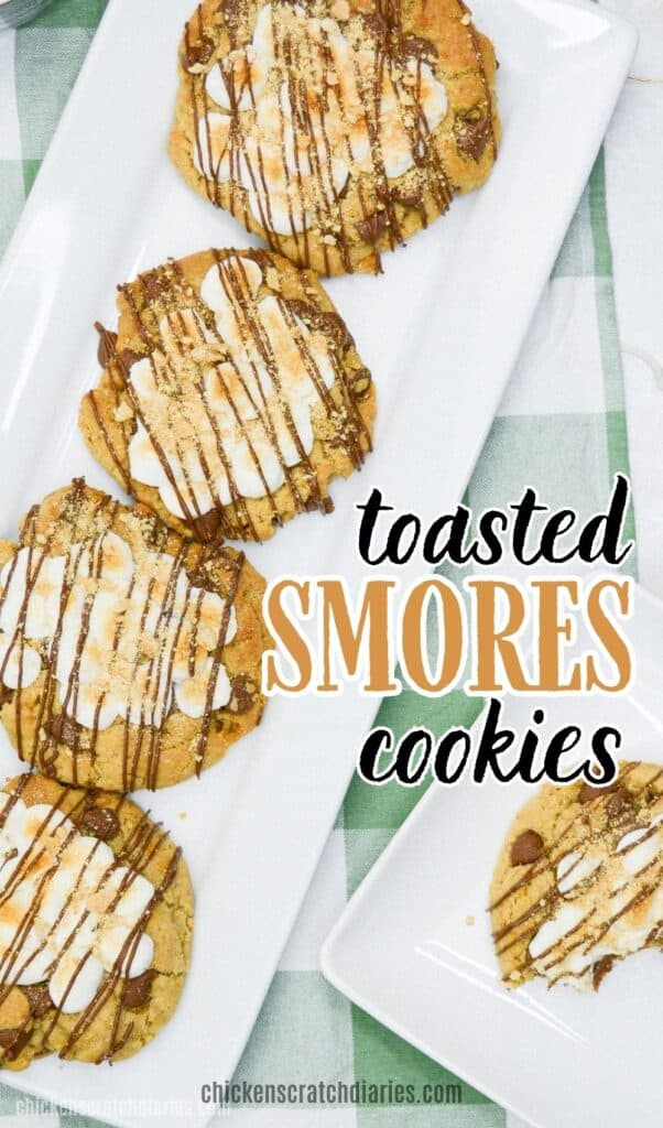 Vertical graphic with white platter of smores cookies and text "Toasted smores cookies"