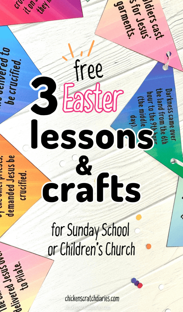 Vertical image of banner craft with text "3 Free Easter Lessons and Crafts for Sunday School or Children's Church"