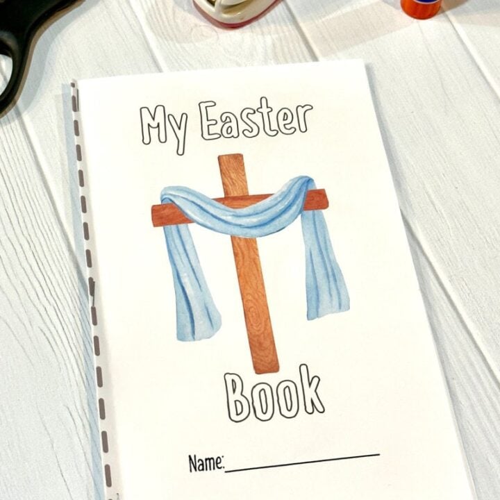 My Easter book craft-completed on a white wooden background.