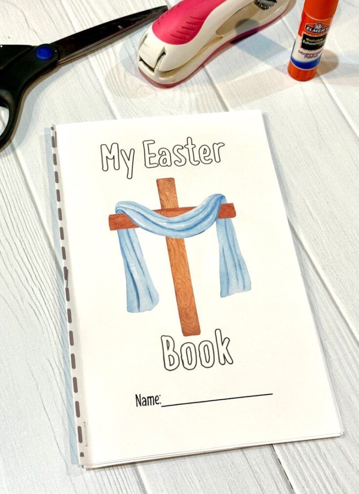 My Easter book craft-completed on a white wooden background.