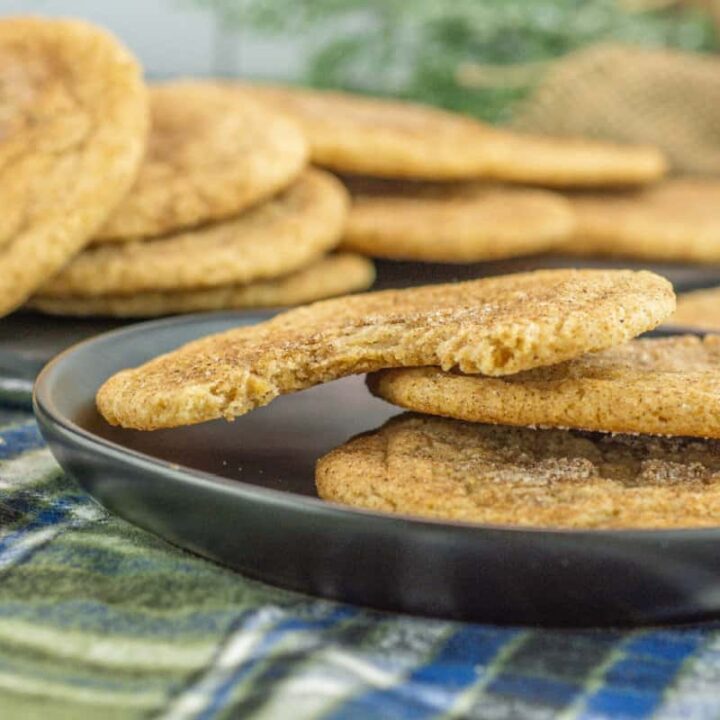 Chai spiced snickerdoodles on a plate on plaid flannel background, with a bite out of one cookie.