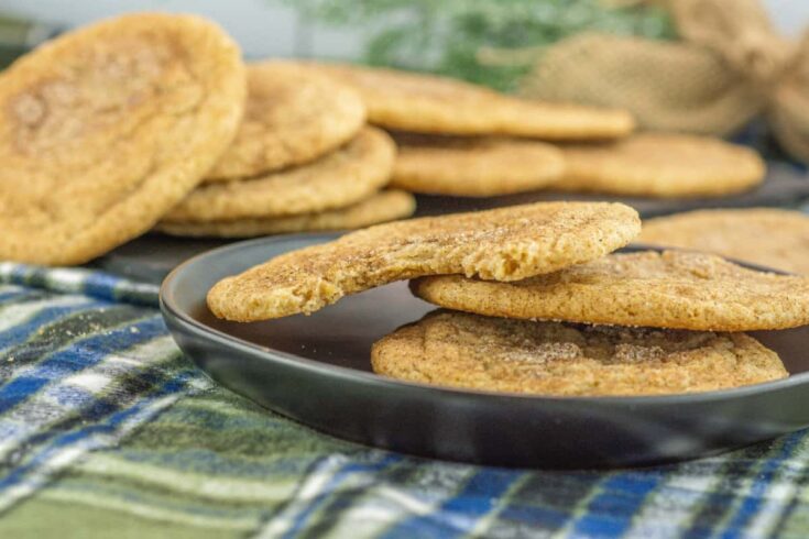 Chai spiced snickerdoodles on a plate on plaid flannel background, with a bite out of one cookie.