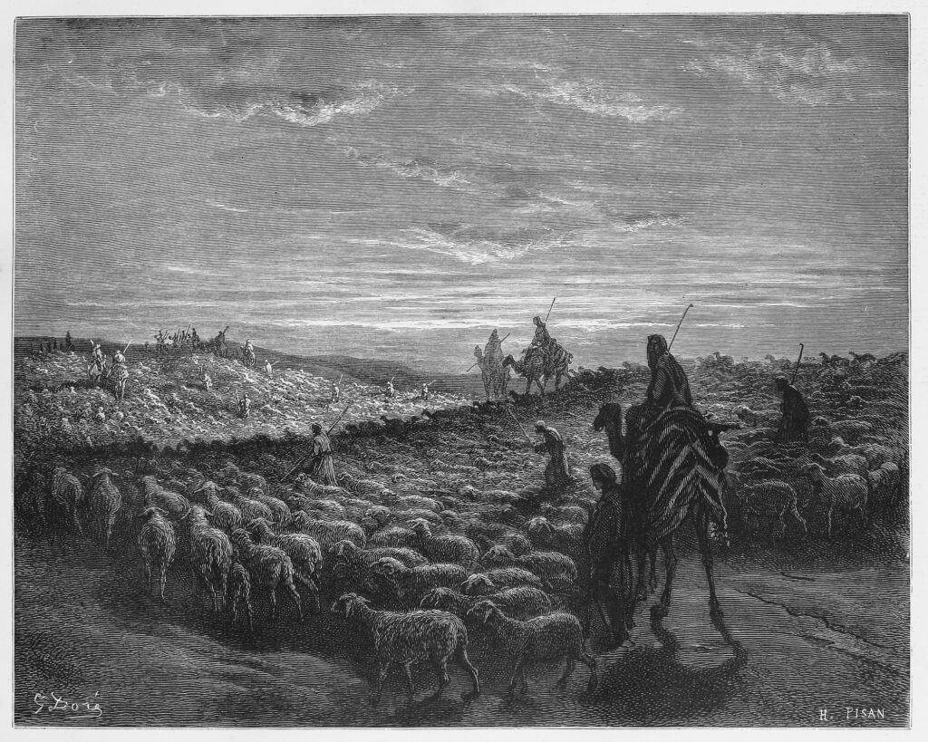 black and white drawing of Abraham journeying to the land of Canaan - stock photo