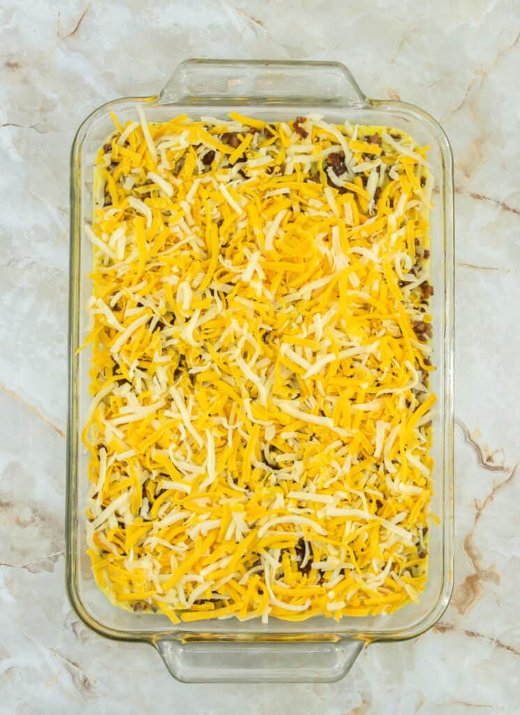 Assembled 5 ingredient breakfast casserole ready to bake.